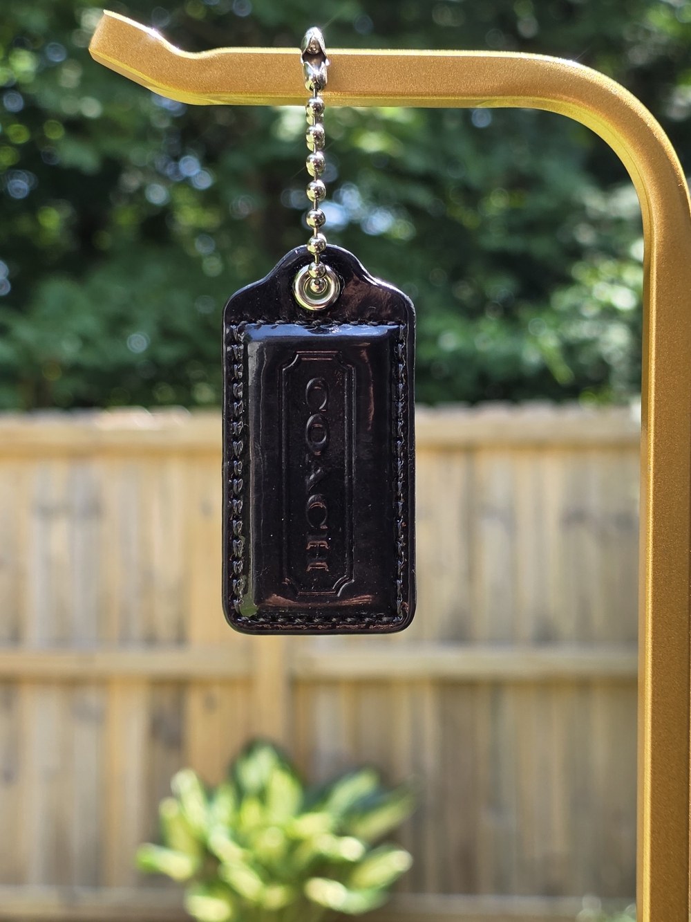Coach Large Black Patent Leather Hangtag W/ Silver Ball Chain